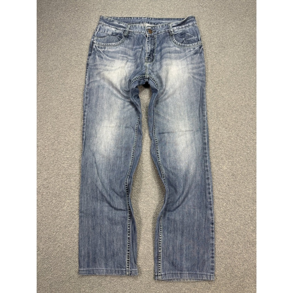 Y2K Boot Cut Low Rise Jeans Men's 32x29 Blue Medium Wash Straight Whiskered